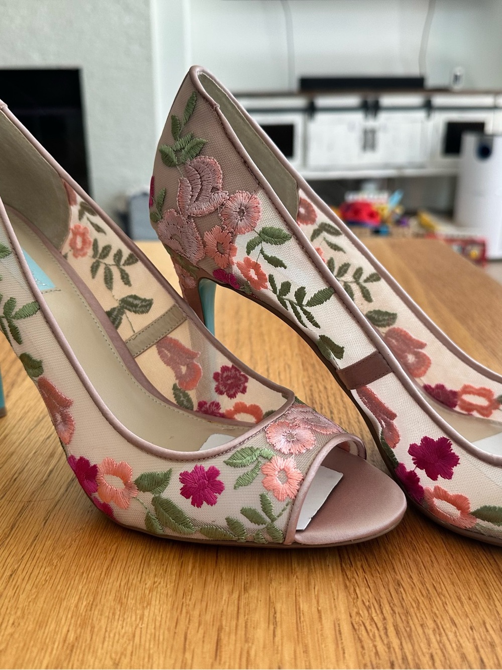 Betsey Johnson Pink Floral Embroidered Peep-Toe Heels